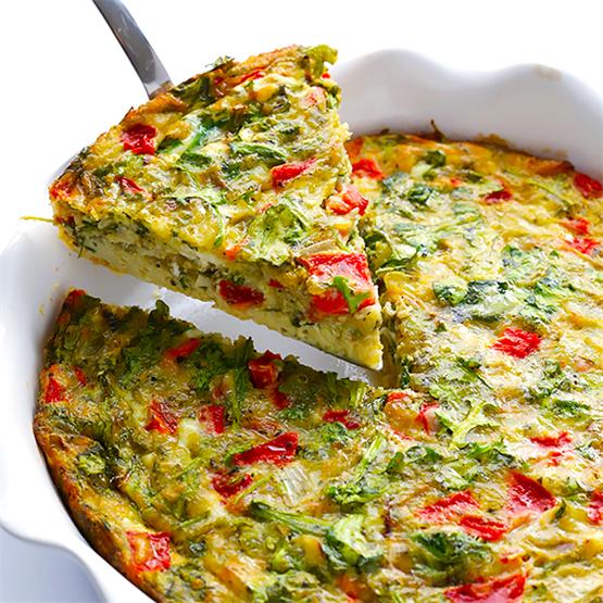 Baked Frittata with Roasted Red Peppers, Arugula and Pesto