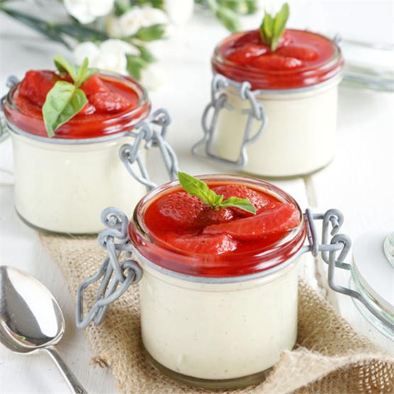 Basil Panna Cotta & Strawberries in Prosecco Syrup