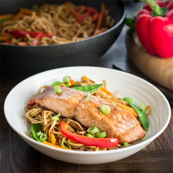 Soy and Sesame Salmon with Vegetable Chow Mein