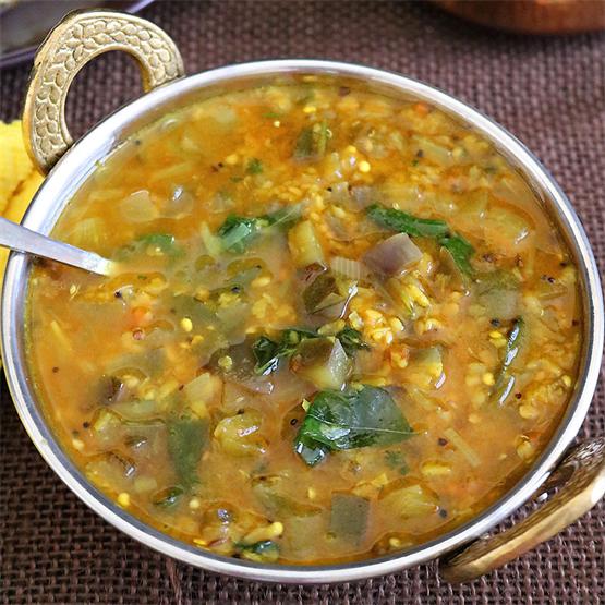 A classic South Indian gravy made with egg plant and lentils