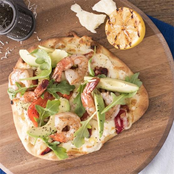 Flatbread with Red Peppers, Shrimp, Arugala & Avocado
