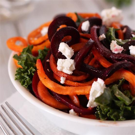 Sweet Potato & Beet Spiralized Salad with Goat Cheese and Kale