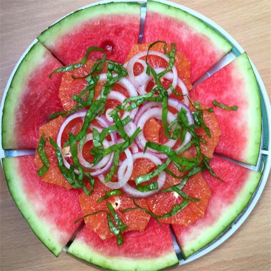 Watermelon Salad with Orange, Onion, Basil and Balsamic Vinegar
