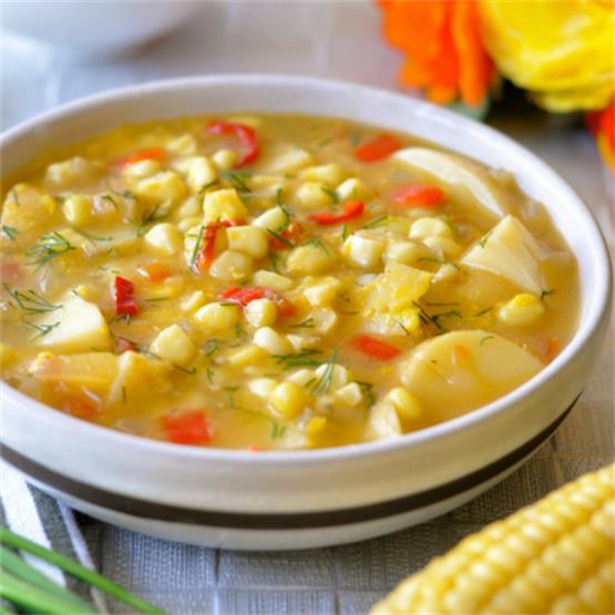 Easy Corn Chowder with Potatoes, Red Pepper & Dill