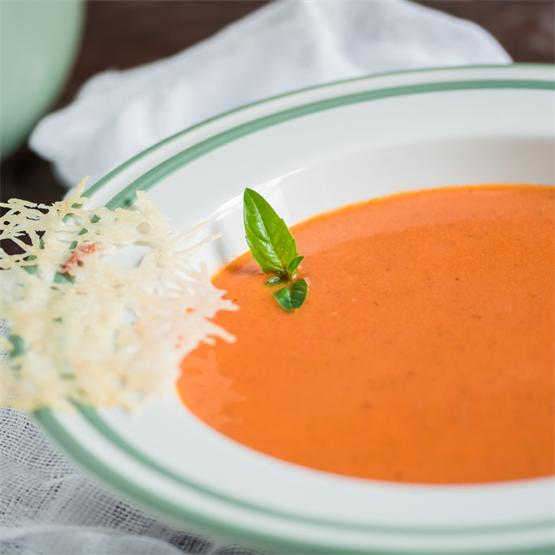 Roasted Tomato Soup with Parmesan Chips