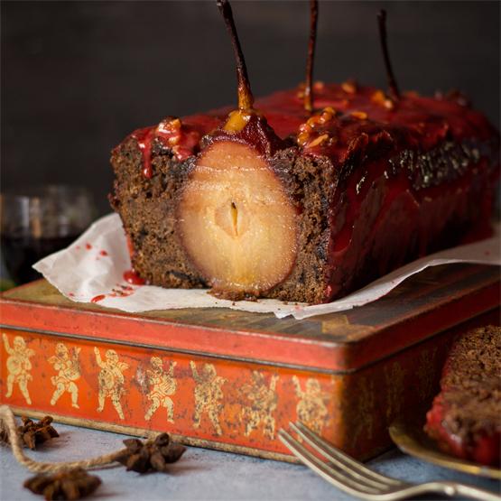 Chocolate Cake with Pears poached in Red Wine