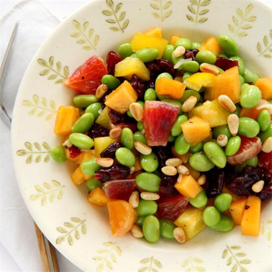 Edamame Salad with Persimmon, Peppers and Pine Nuts