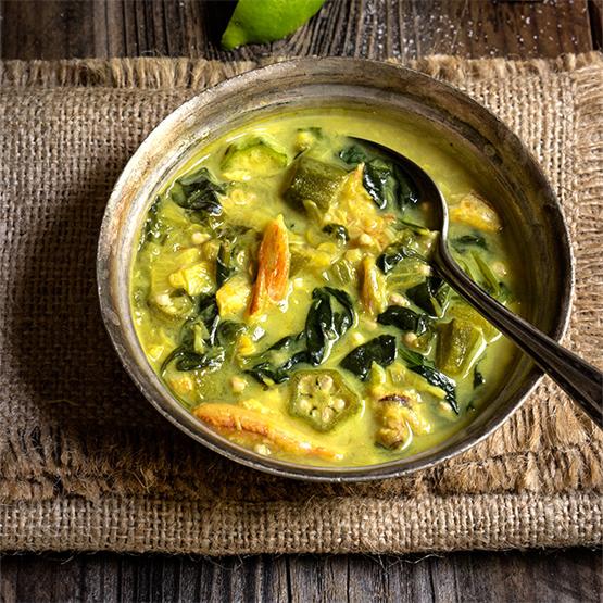 Creamy spinach okra soup with crab meat and coconut milk