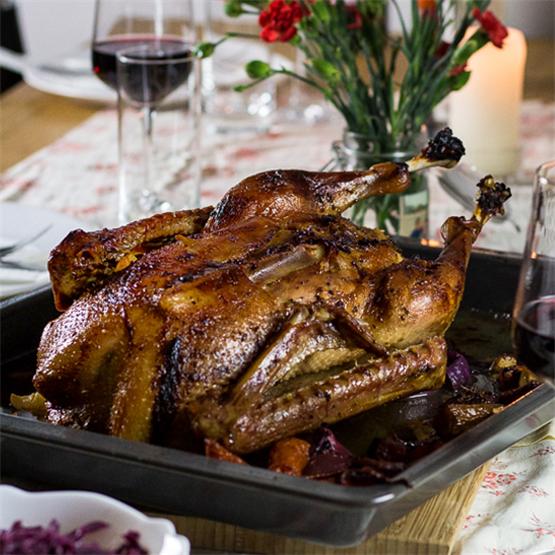 Roast goose with chestnut and plums
