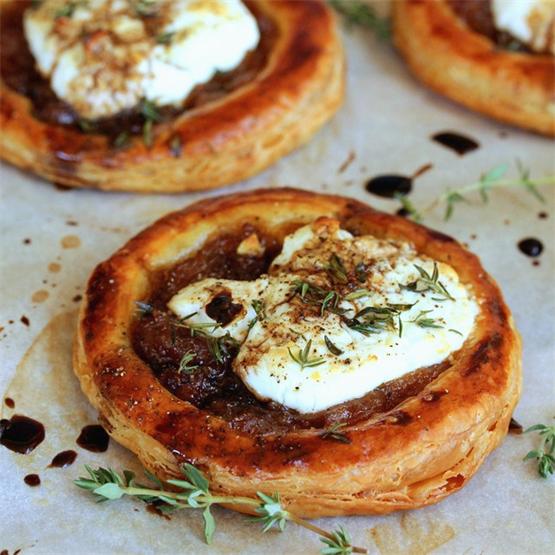 Caramelized onion, goat cheese, and balsamic tartlets