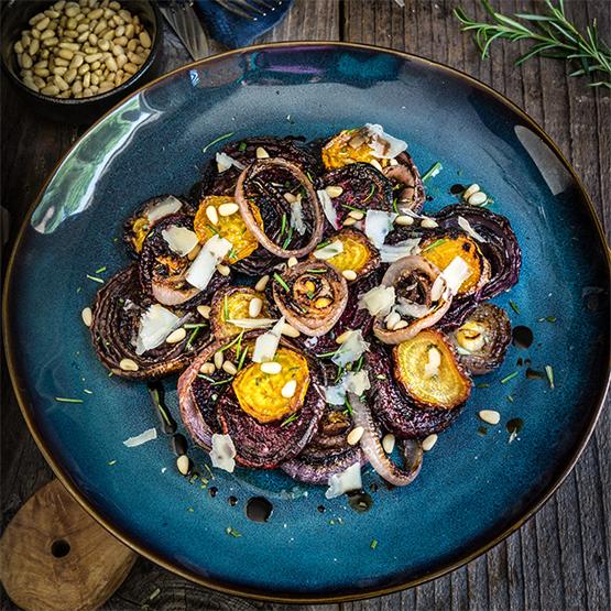 Roasted Beets & Charred Onion Salad with Rosemary & Pine Nuts