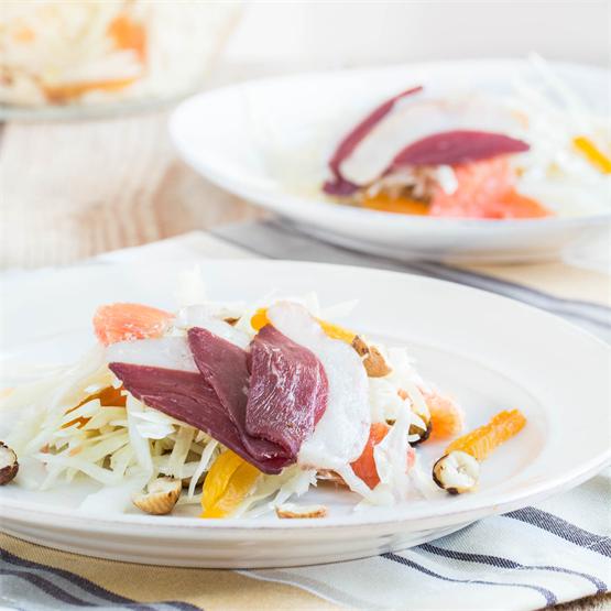 Cabbage Salad with Cured Duck Breast, Oranges and Hazelnuts