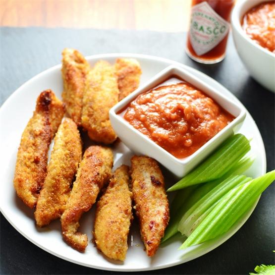Smoky Chicken Fingers with Bloody Mary Dipping Sauce
