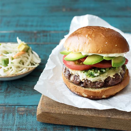 Chimichurri Burgers with Avocado & Monterey Jack and Cabbage Sl