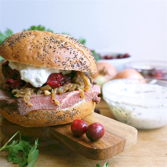 Roast Beef & Caramelized Onion Sandwich with Cranberry Salsa