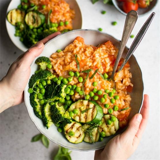 Fresh Tomato Risotto with Grilled Greens