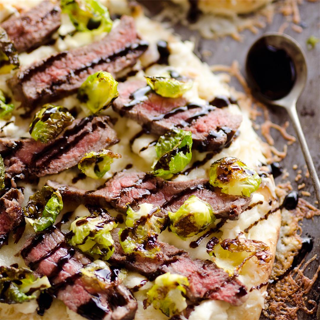 Steak, Goat Cheese & Roasted Brussels Sprouts Flatbread