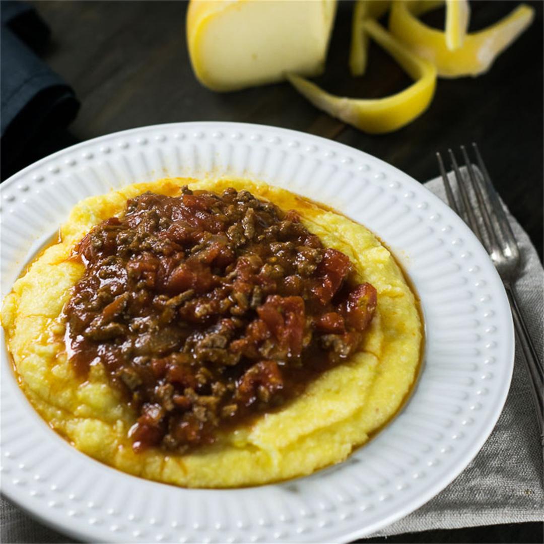 Creamy Polenta with Cheese and Bolognese Sauce
