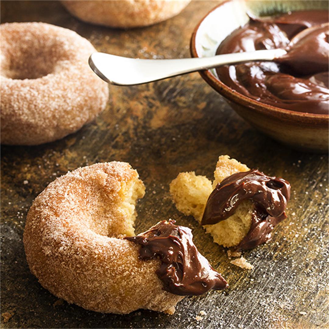 Baked Churro Donuts with Spicy Chocolate Sauce