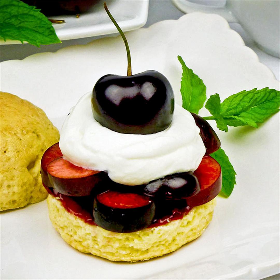 Light and fluffy scones with fresh cherries and whipped cream