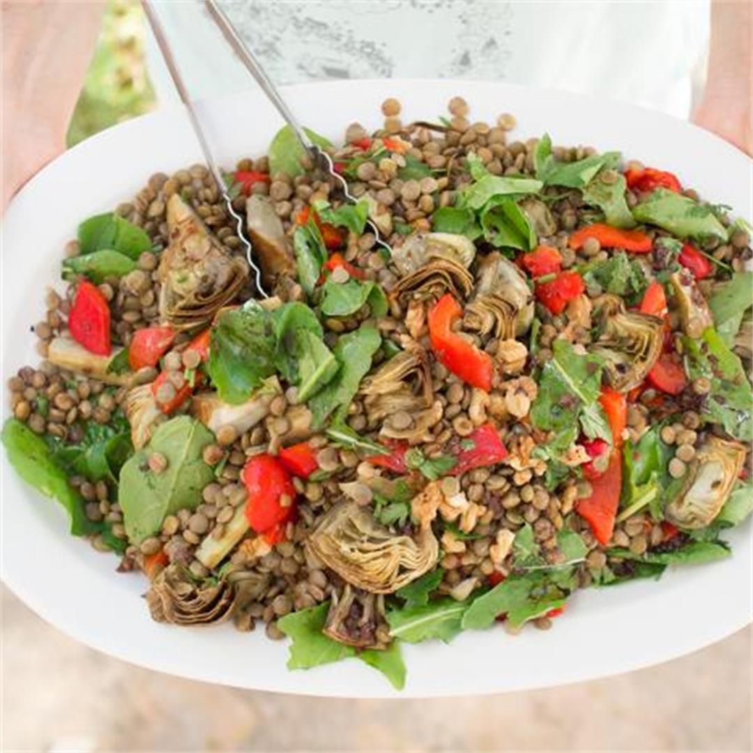 Lentils with roasted artichokes and peppers