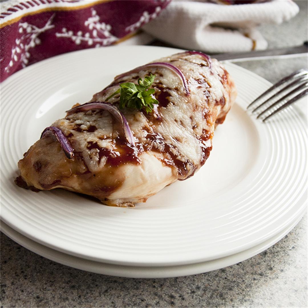 Cheesy Baked BBQ Chicken Breasts with Onions