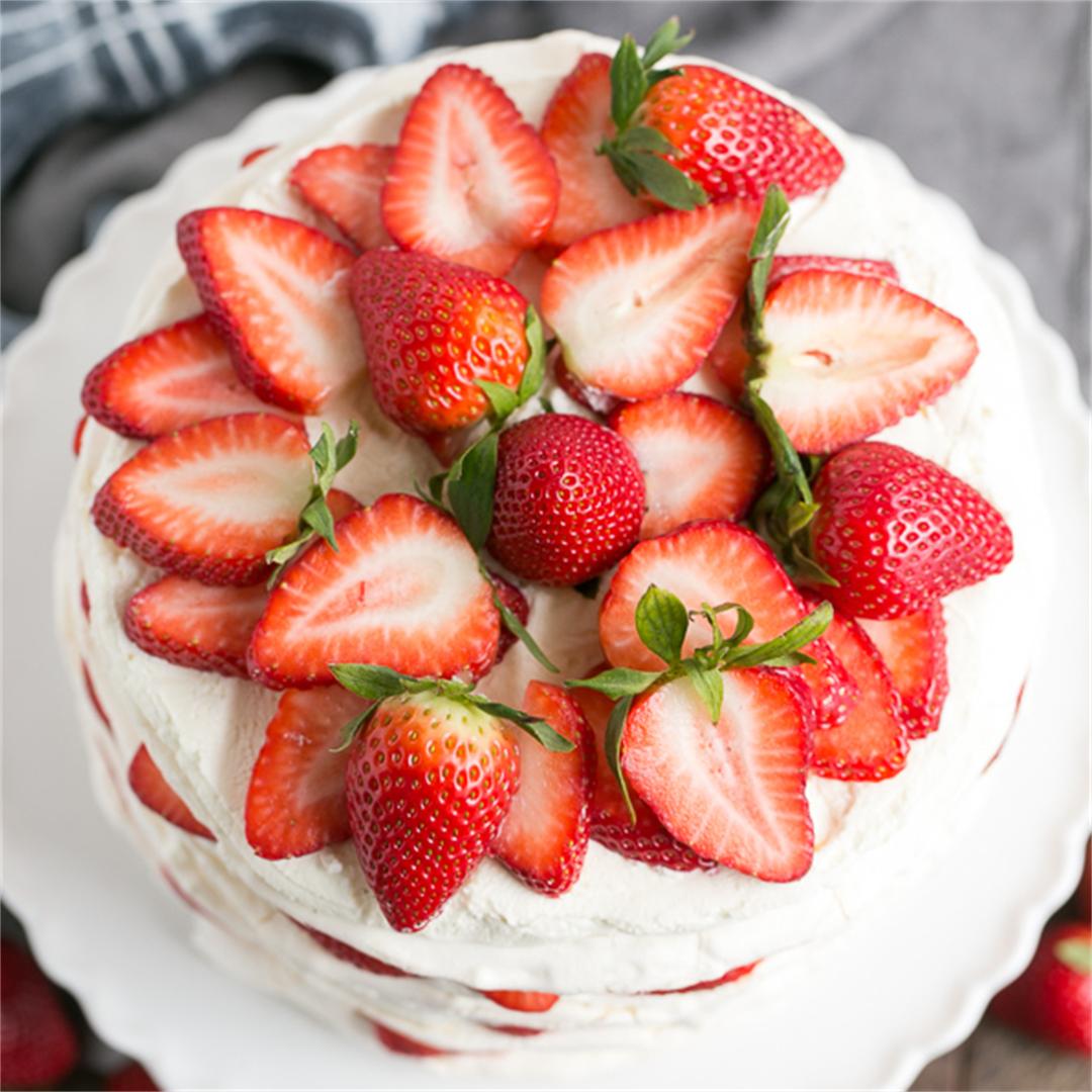 Fresh Strawberry Meringue Cake with Mascarpone Whipped Cream