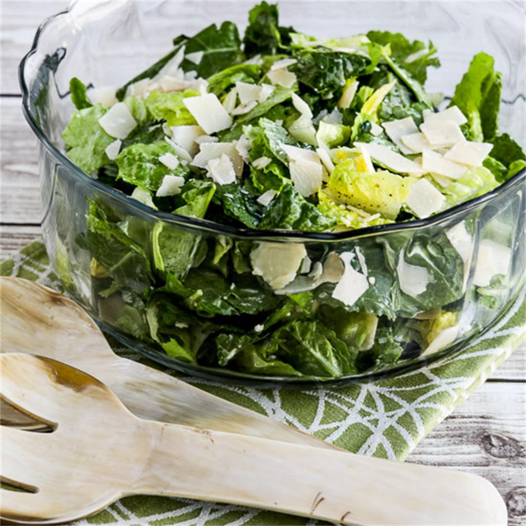 Low-Carb Caesar Salad with Kale, Romaine, and Shaved Parmesan