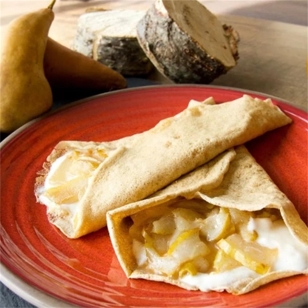 Buckwheat Crepes with Warm Honey Ginger Pears