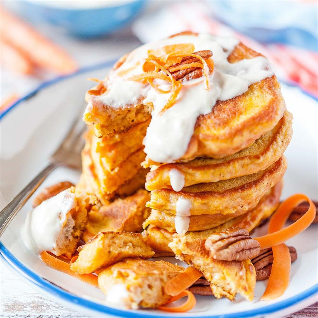 Carrot Cake Pancakes with Cream Cheese-Maple Syrup