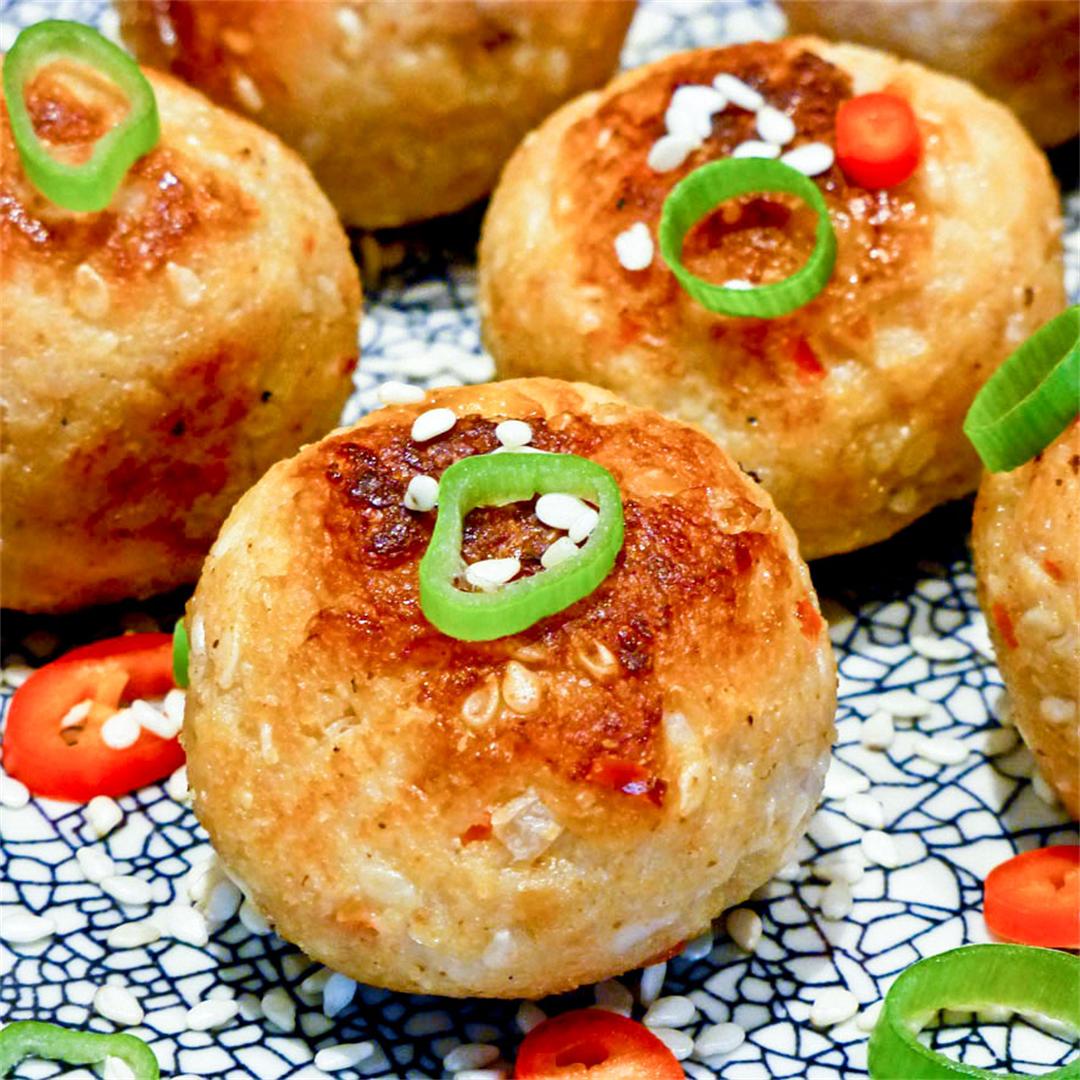 Asian style sesame chicken meatballs with spicy dipping sauce