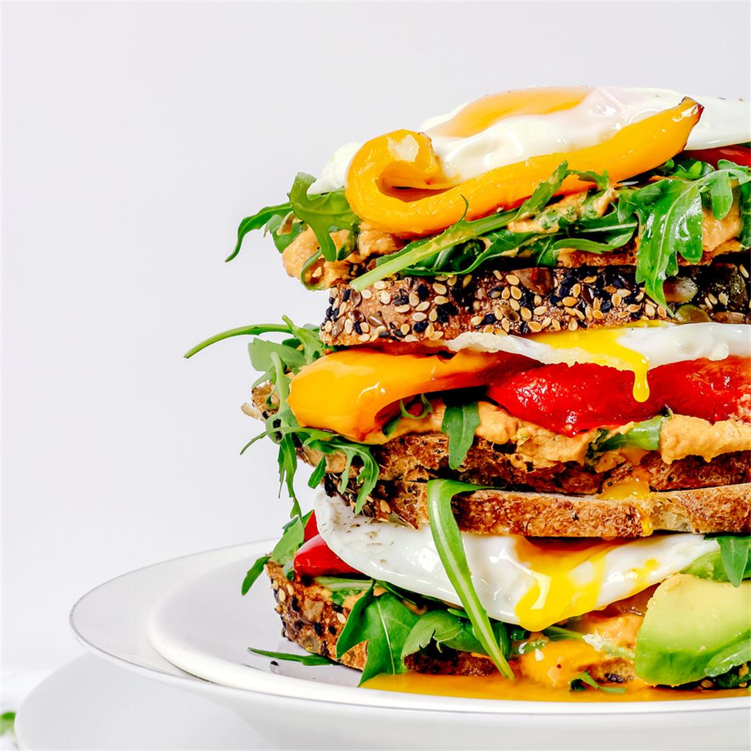 Roasted Peppers, Avocado, Fried Egg and Hummus Sandwich