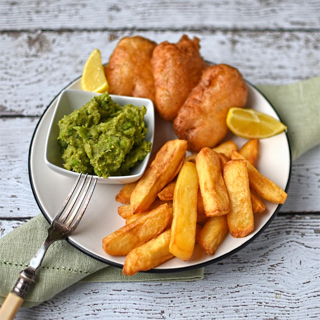 beer battered halloumi with chips and “mushy” peas