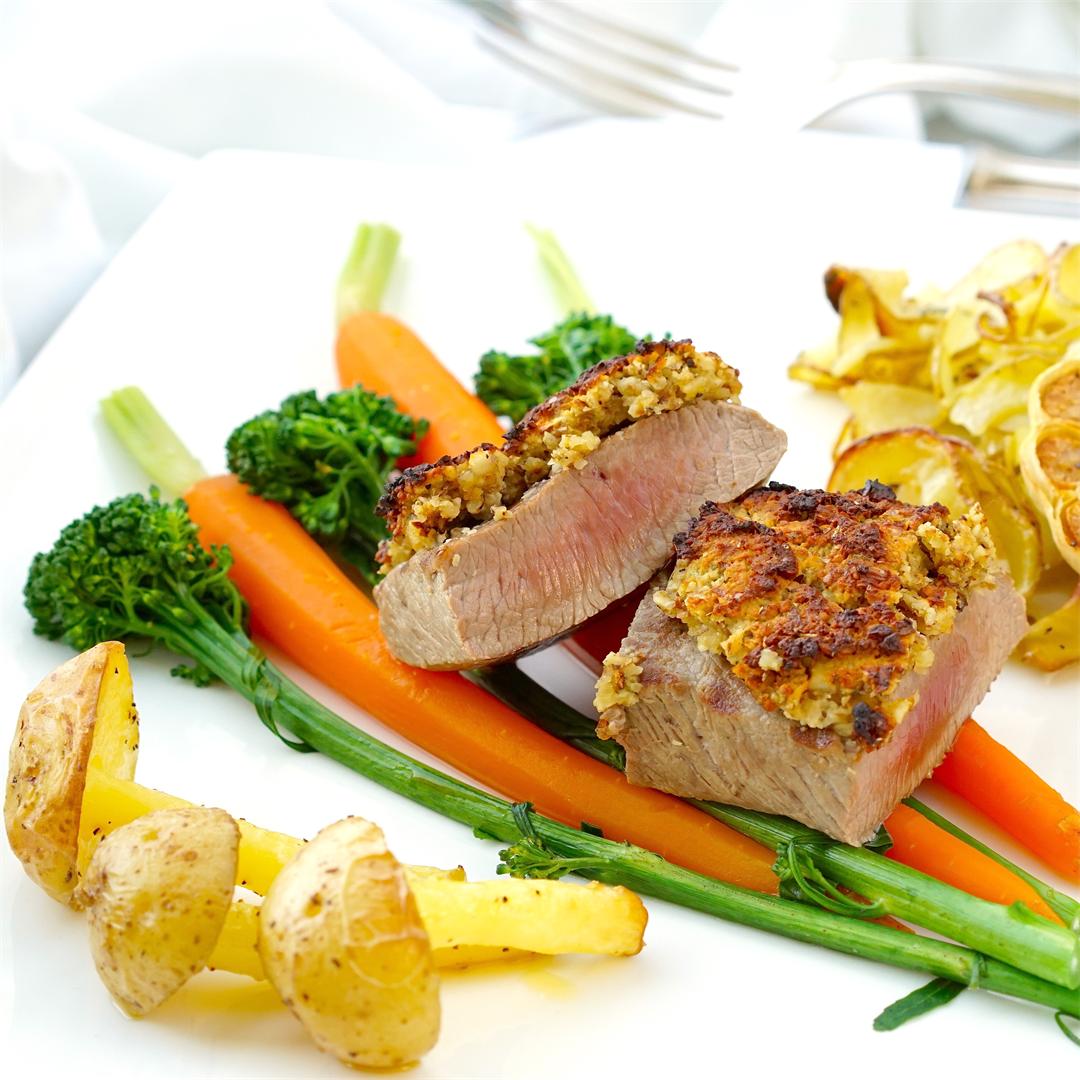 Herb Crusted Lamb with Carrots and Broccolini