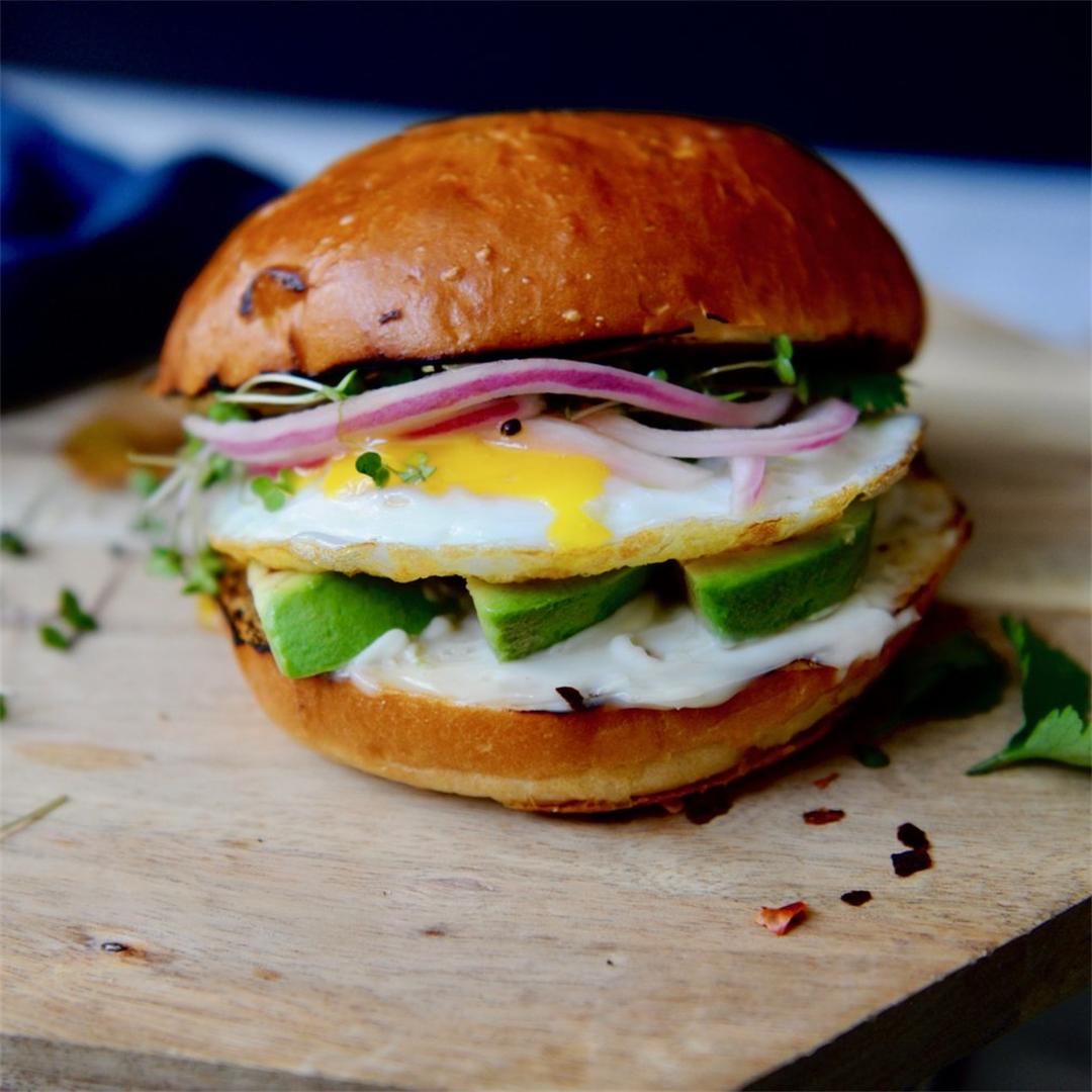 Breakfast Sandwich with Avocado, Pickled Onions & Lime Crema