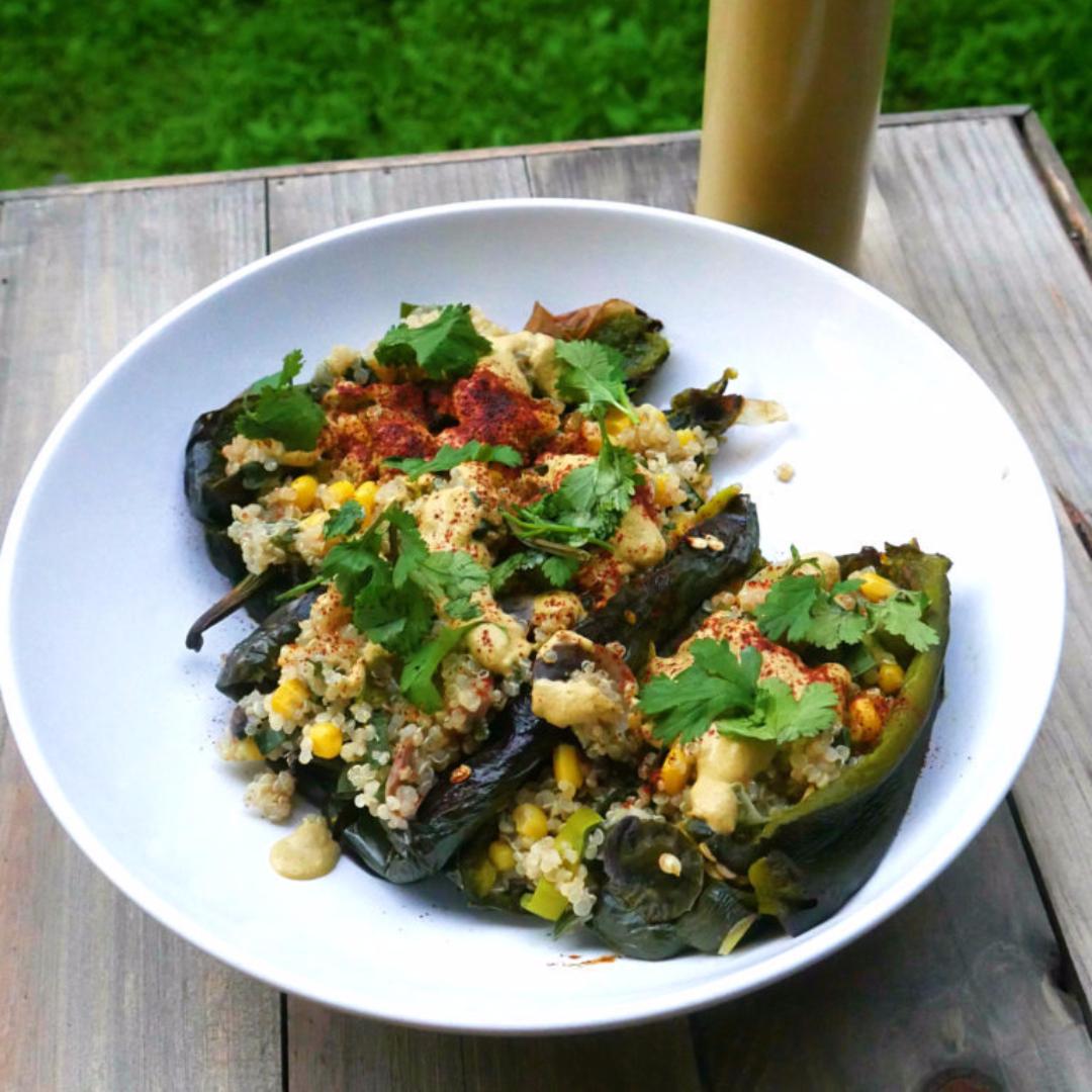 Vegan Stuffed Poblano Peppers with Cashew Sauce