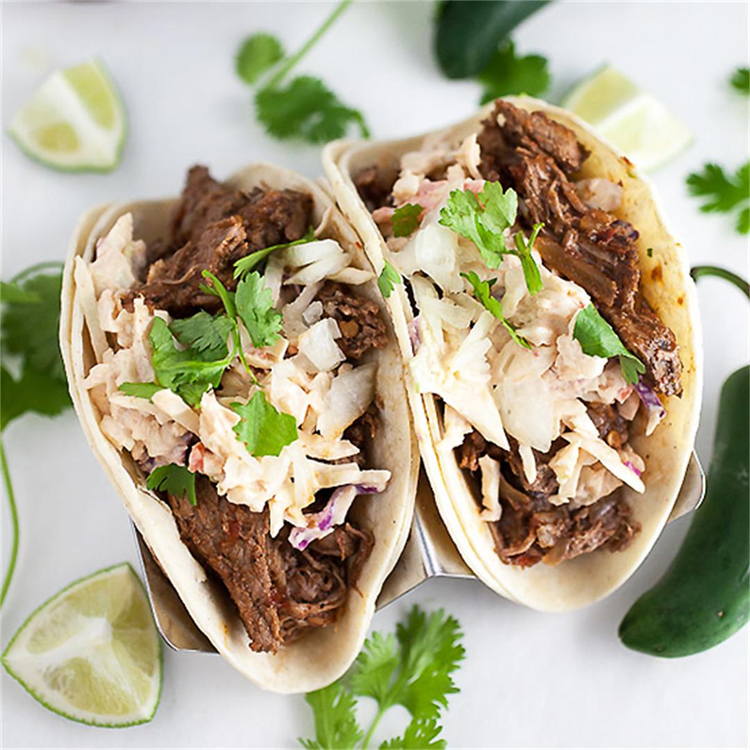 Slow Cooker Barbacoa Tacos with Chipotle Slaw