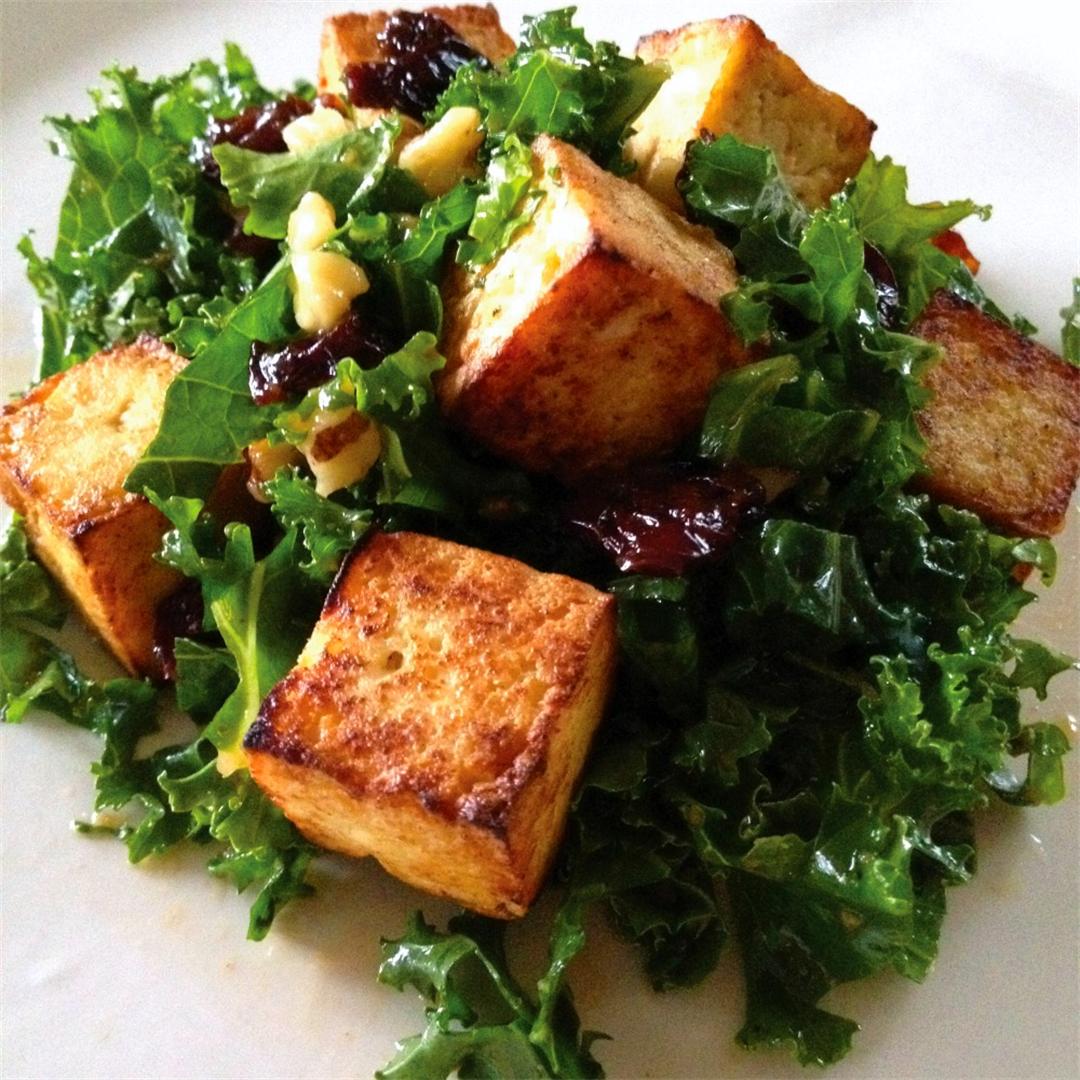 Kale Salad with Cherries, Walnuts and Tofu Croutons
