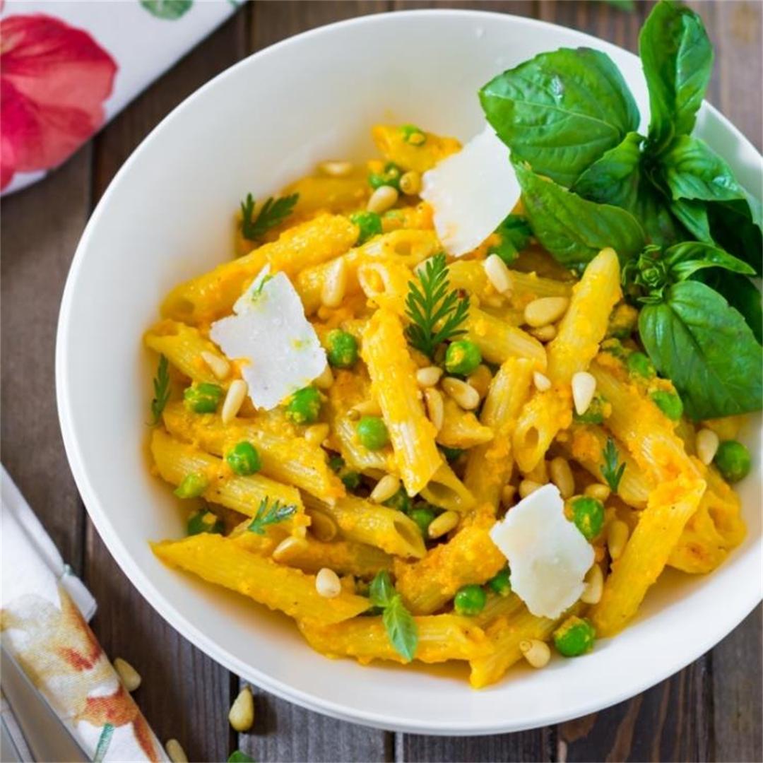 Carrot Sauce Pasta coated in creamy, nutty, Carrot Pesto