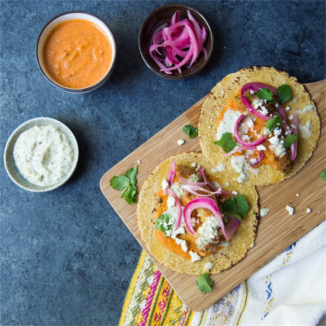 Fried Avocado Tacos with Lime Crema & Pickled Red Onions