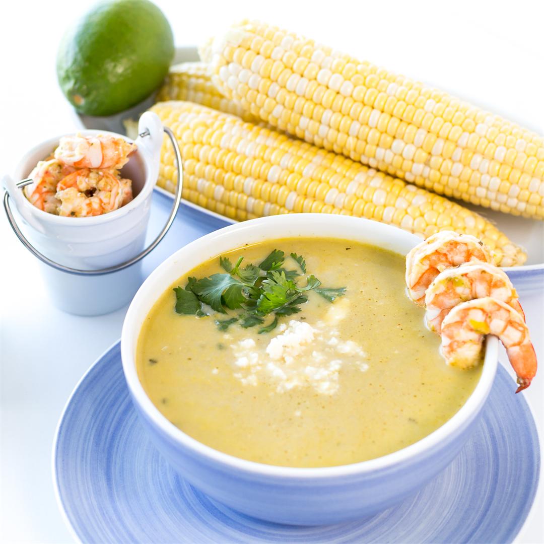 Creamy Hatch Green Chile Soup with Cilantro Lime Grilled Shrimp