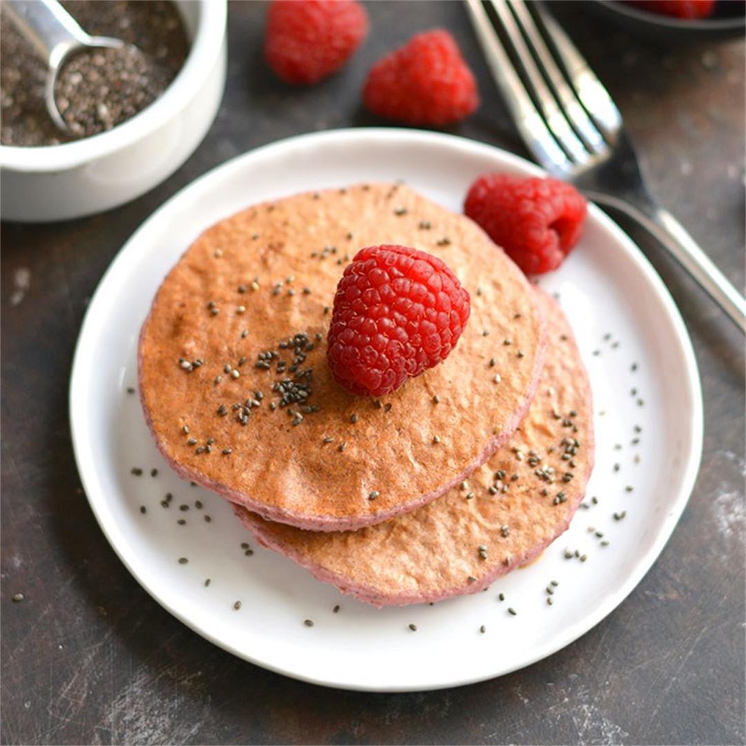 Raspberry Chia Protein Pancakes {GF, Low Calorie}