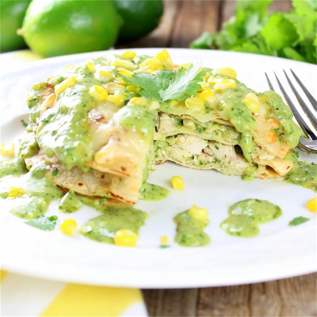 Stacked Chicken Enchiladas with Cheesy Poblano Sauce