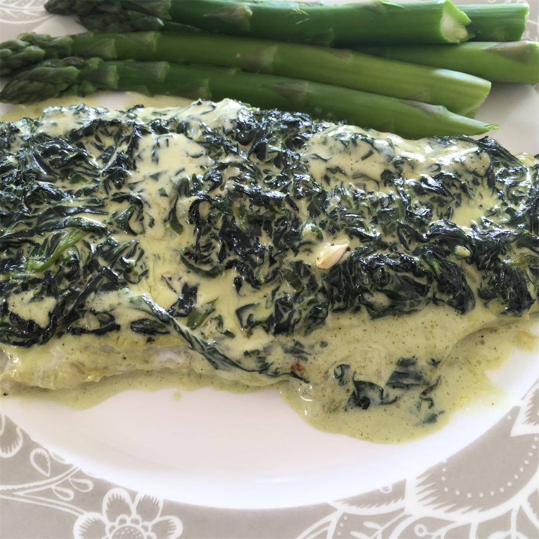 Sea bass baked with spinach