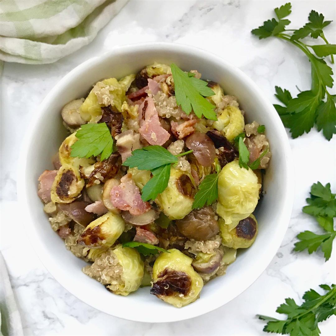 Oven Roasted Brussels Sprouts with Bacon, Chestnuts & Quinoa