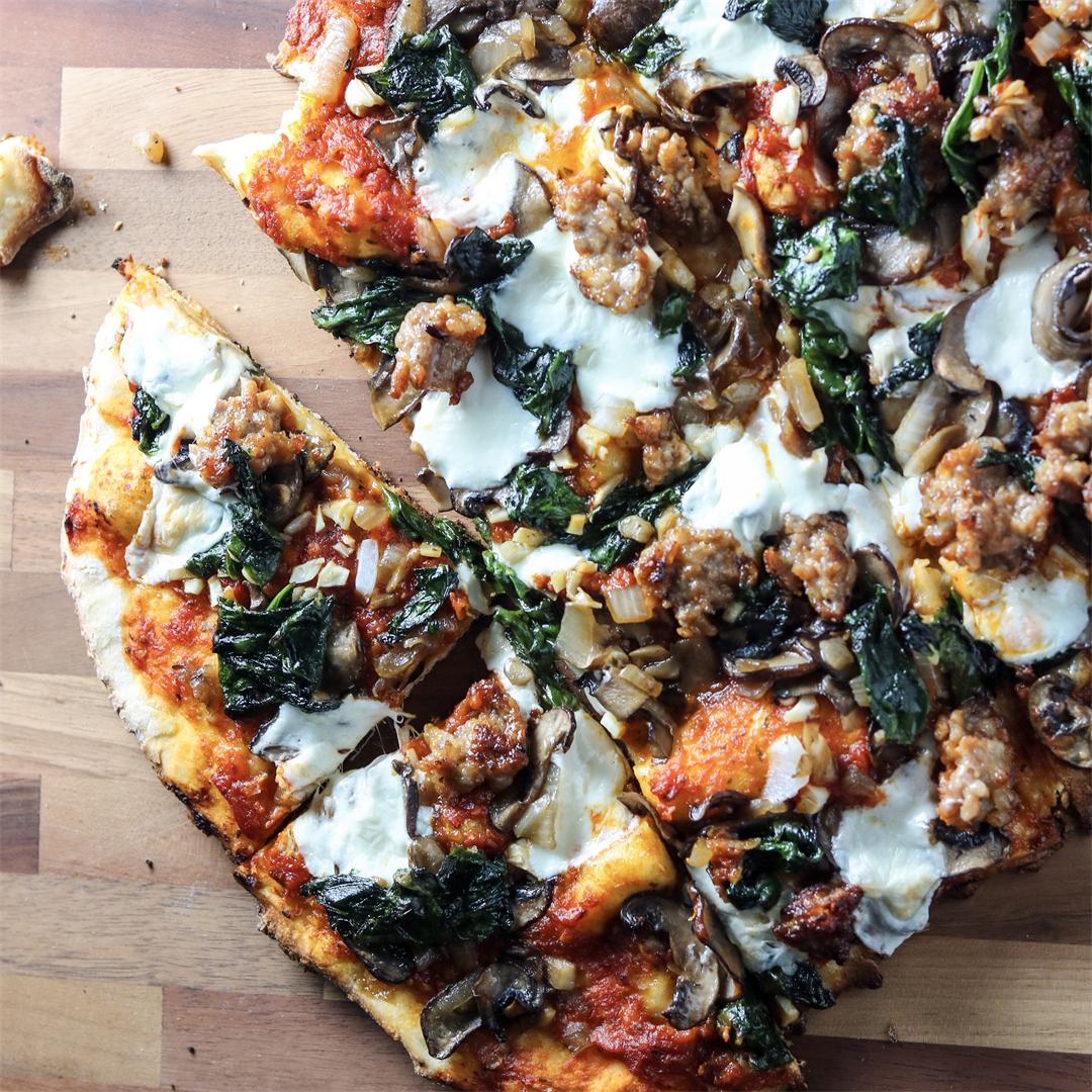 Sausage, Mushroom, and Spinach Pizza