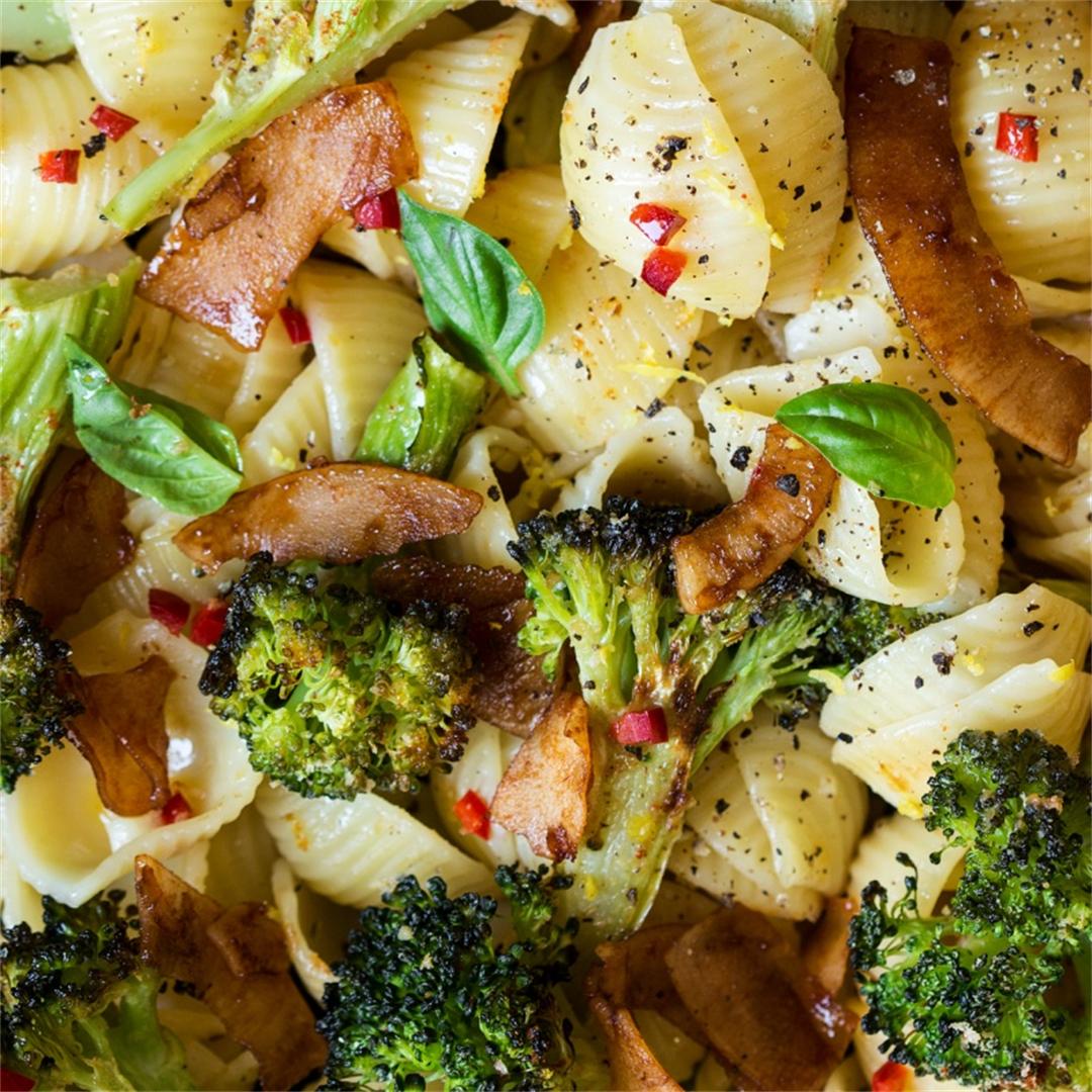 Broccoli orecchiette with vegan bacon