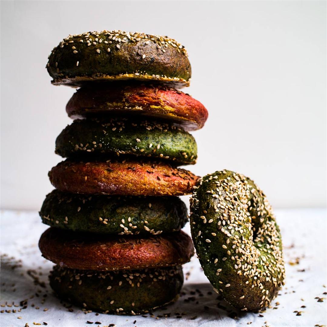 Spinach & Beetroot BAGELS! Chewy + malty and vibrant!