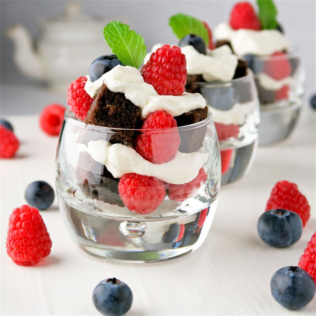 Gorgeous mini chocolate cake and summer fruit trifles