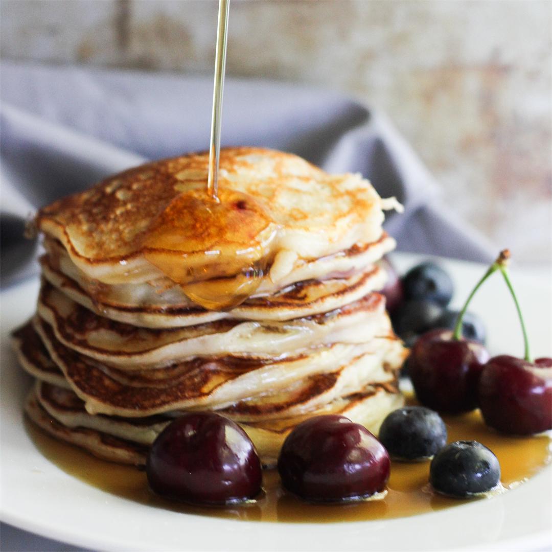 Sugar free greek yogurt cherry pancakes for a family breakfast